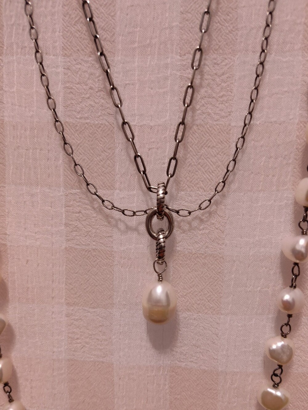Retired Silpada Double Chain Drop Pearl Necklace, 20"